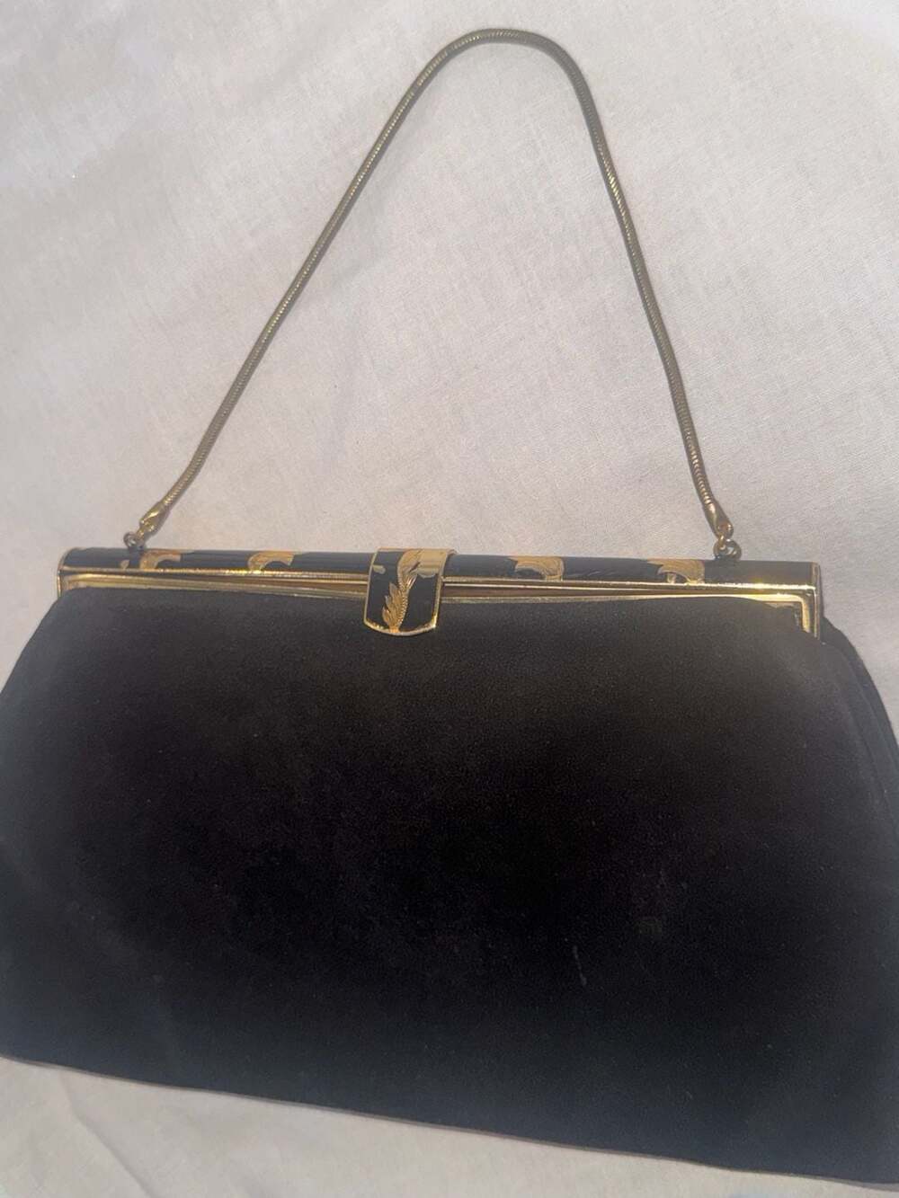 Vintage Black Suede Gold Enamel Evening Bag Made In France